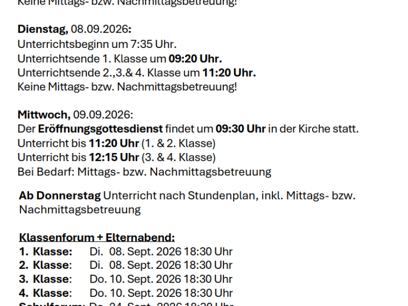 Schuljahr 2026/27 - Infos Schulbeginn 2026/27